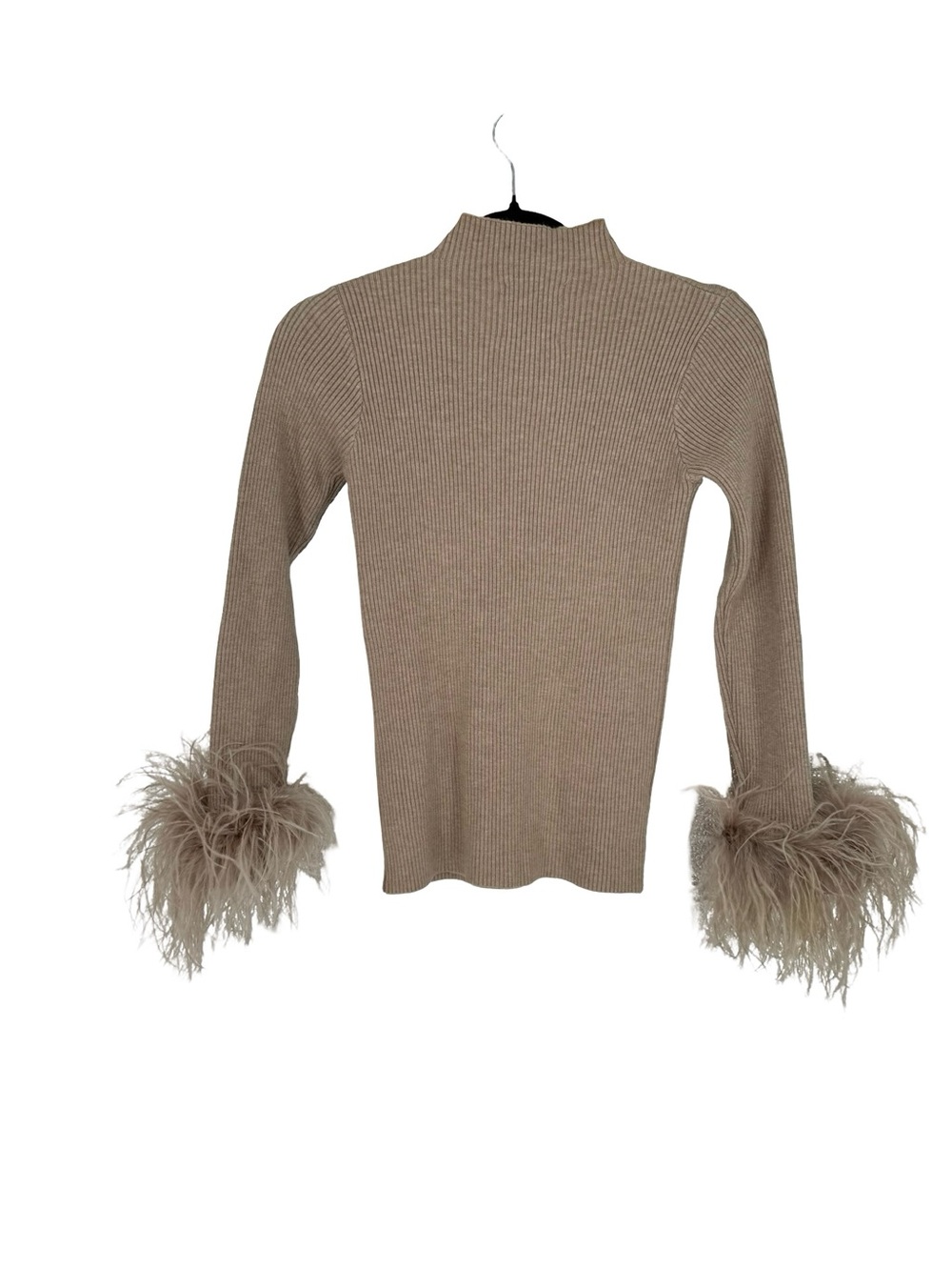 Pellobello Feather-Cuff Taupe Ribbed Turtleneck Sweater Size M